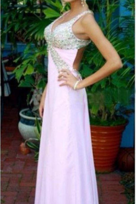 V Neck Backless A Line Crystal Prom Dresses Long Pink Chiffon Fashion Sexy Formal Evening Prom Dressess