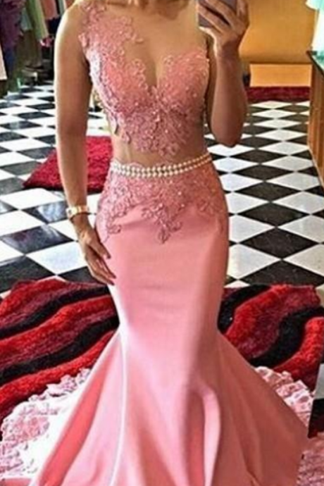 Pink Mermaid Evening Dress Amazing Sexy Lace Appliques Pearl Sash Backless Party Prom Dress Bridesmaid Gowns Cutaway Side