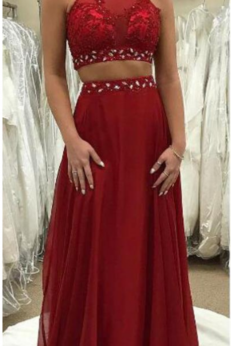 Dark Red Two Pieces Prom Dresses Long Sheer Jewel Neck Sleeveless Beaded Crystals Lace Appliques Illusion Back Evening Party Gowns