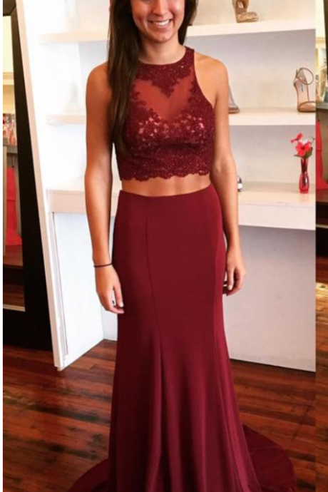 Two Pieces Prom Dress Long Formal Evening Party Gowns Jewel Neck Sleeveless Lace Appliques Open Evening Gown