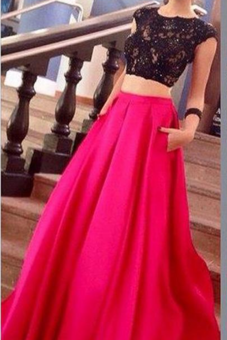 Popular Two Pieces Prom Dresses A Line Illusion Black Lace Crop Top Open Back Formal Gowns