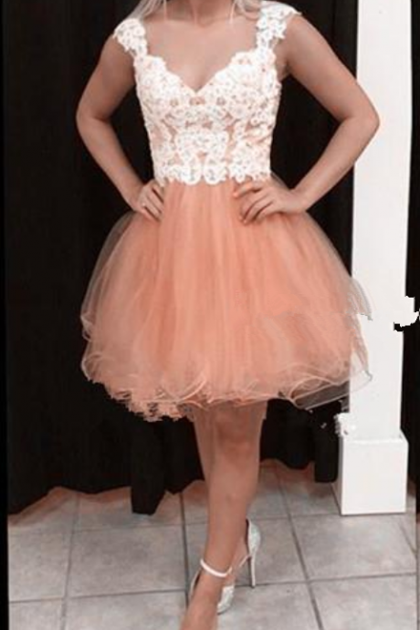 Nude Pink Short Homecoming Dresses Sleeves Appliques Tulle White Illusion Back Short Party Dresses Prom Dresses