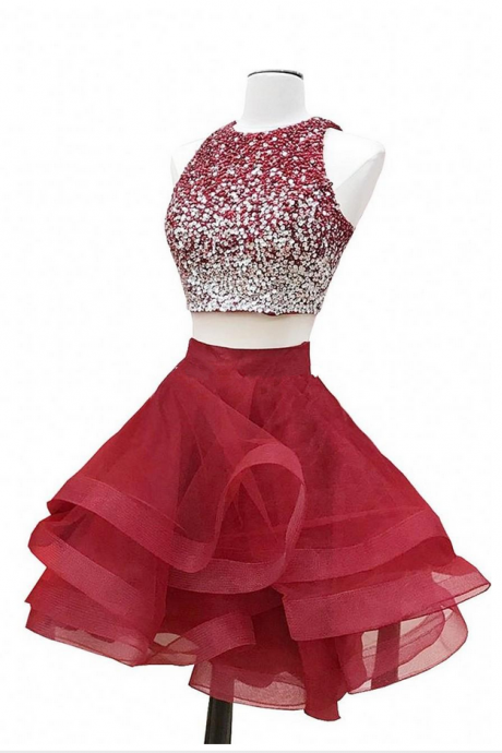 Sparkly Two Piece Red Homecoming Dresses Sequins Beaded Tulle Puffy Skirt Custom Made Short Graduation Dresses Zipper