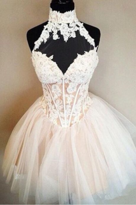 Ball Gown White Nude Short Homecoming Dresses High Neck Appliques Tulle Puffy Keyhole Back Prom Dresses Cocktail