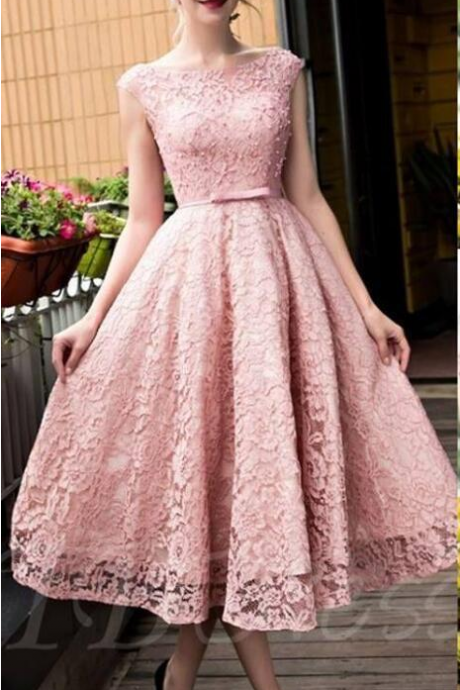 Blush Pink Elegant Tea Length Full Lace Prom Dress Bateau Neck Cap Sleeves Homecoming Gown Dubai With Bow