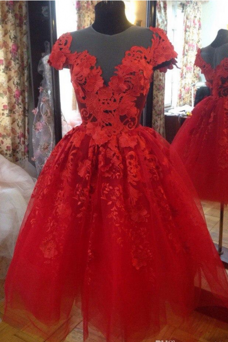 Attractive Red Homecoming Dresses For Juniors Sheer Jewel Neck A-line 3d Appliques Short Prom Gowns Knee Length Tulle Party Dress