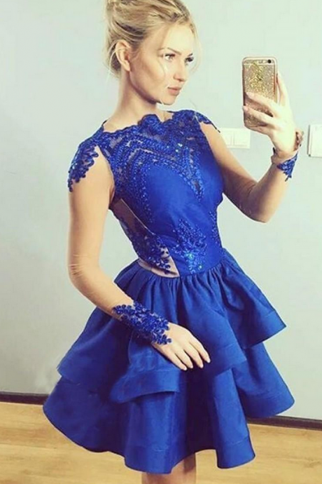 Royal Blue Sexy Homecoming Dresses Long Sleeve With Lace Tiered Short Mini Party Graduation Cocktail Gowns Custom