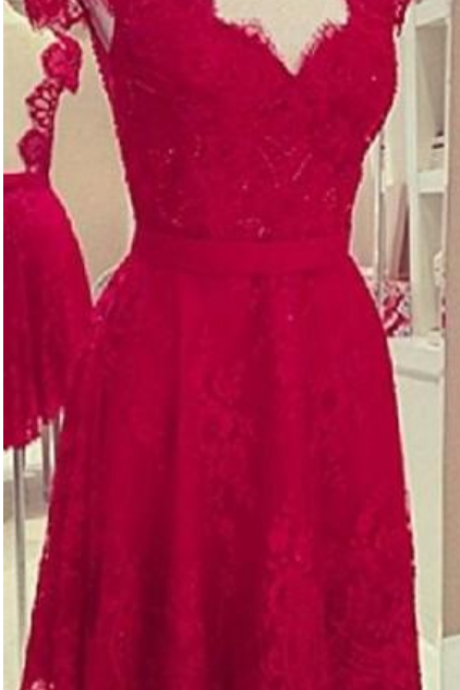 Deep V Neck Sheer Backless Short Prom Dresses Red Lace Custom Made Homecoming Dress High Quality Party Gowns With Sash