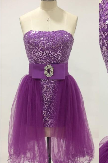 Classic Short Homecoming Dresses Purple Sheath Column Short Mini Sequins Party Dress With Removable Tulle Skirt Crystals