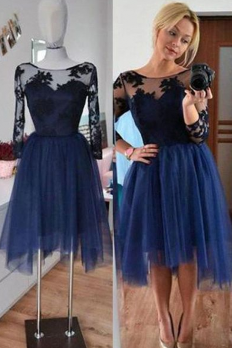 Navy Homecoming Dresses,3/4 Sleeves Short Prom Dresses,simple Party Dresses