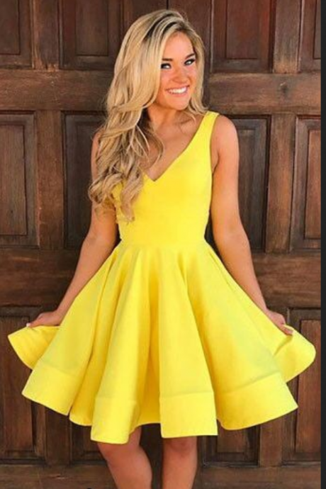 Knee - Long Yellow Ball Gown, Double Shoulder V Yellow Homecoming Ball Gown