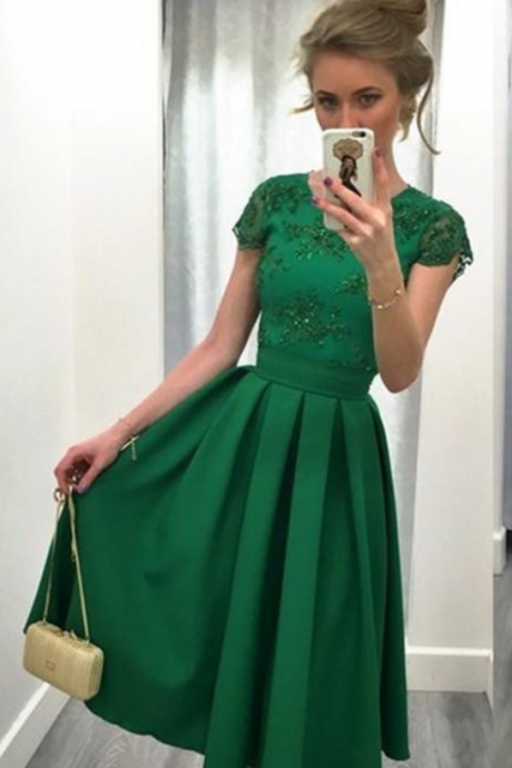 A-line Cap Sleeve Lace Party Dress In Green Prom Evening Dress