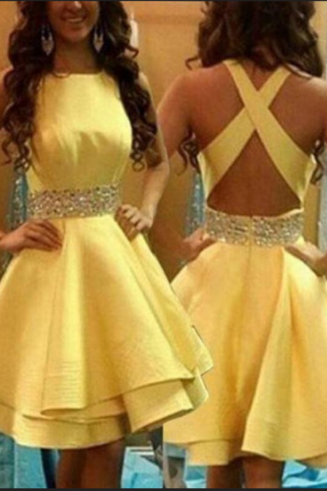 Yellow Cross Back Homecoming Dresses, Satin Style Prom Dresses, Lovely Formal Dresses