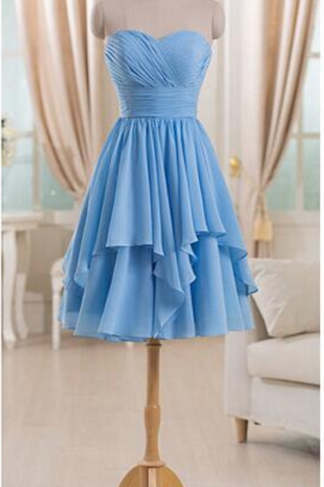 Short Baby Blue Chiffon Bridesmaid Dress, Sweetheart's Low-party Dress,