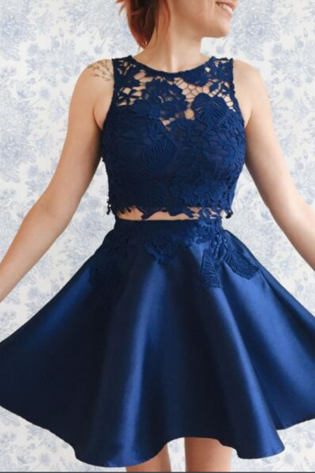 Navy Blue Sexy Youth Homecoming Dress, Two Short Party Dresses, Lower Prom Dresses