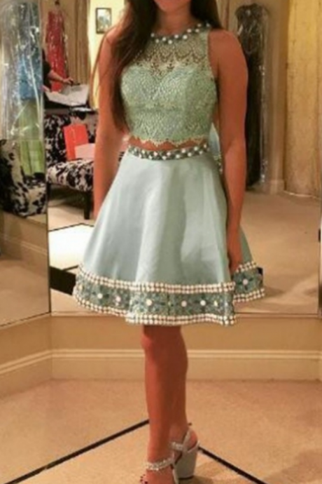 Grey - Green Two-piece Home Dress, Homecoming Dress