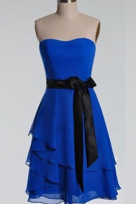 A-line Bow Embellished Strapless Sleeveless Knee-length Royal Blue Chiffon With Black Sash Short