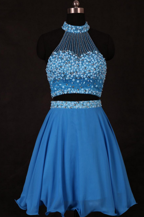 Blue Two Pieces Short Homecoming Dresses High Neck Beading Crystal Rhinestonebackless Chiffon A-line Prom Cocktail Party Gowns