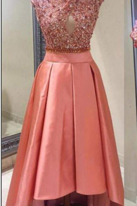 Style Watermelon Satin Short Cocktail Dresses High Neck Sequins Crystal Custom Made Homecoming Dresses