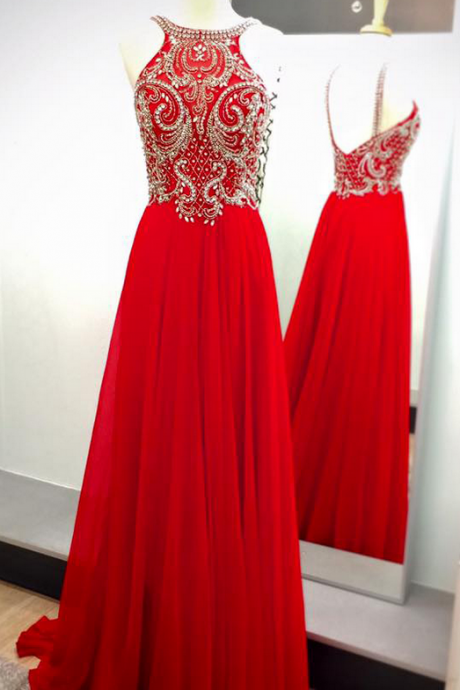 Charming Grace, Crystal Beaded Evening Gown, Red Back-to-school Dress, Long Gown