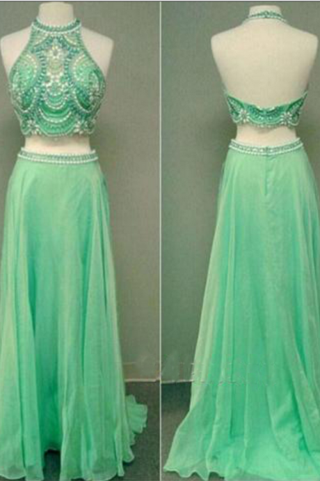 Formal Halter Two Pieces Chiffon Beaded Long Prom Dress, Evening Dress