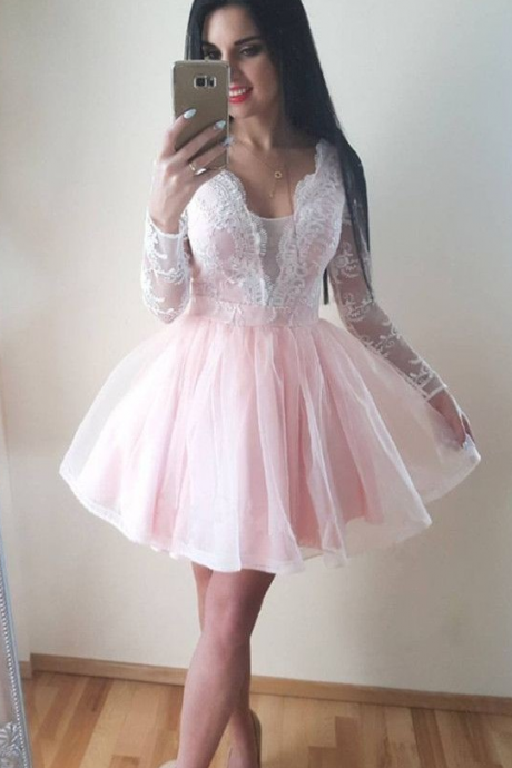 Pale Pink Homecoming Dress,light Pink Short Prom Dress,long Sleeves Pink Lace Homecoming Gown