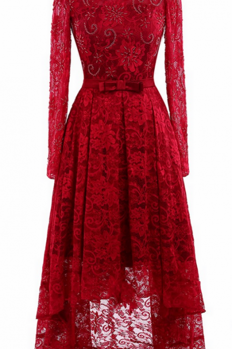 Real Photo Red Lace Long Sleeve In The Evening, Key Harness Homemade Dress Dress Prom Dress