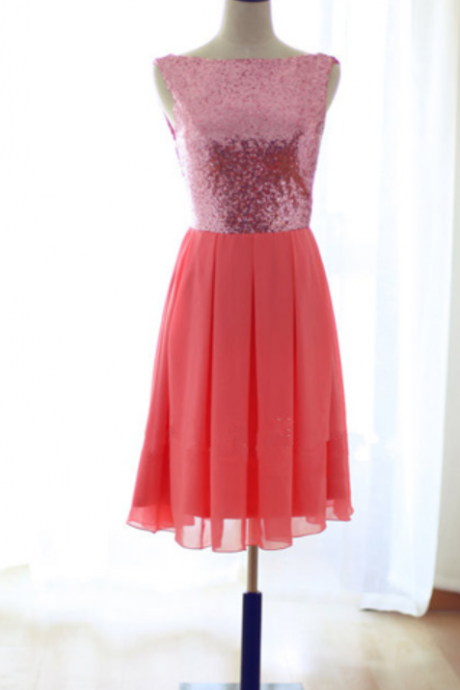 Simple Coral Sequin Chiffon Short Bridesmaid Dress,high Neck Back V Bridesmaid Dresses For Homecoming Dress