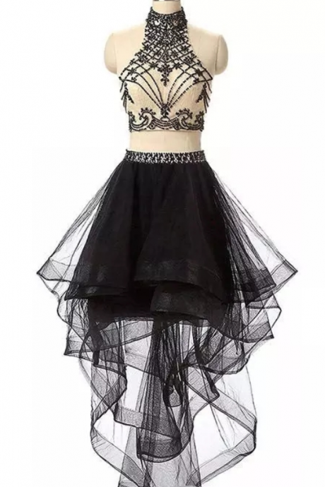 Two Piece High Low Black Halter Keyhole Beading Homecoming Dress, Cocktail Dress, High Low Cocktail Dress, Sleeveless Cocktail Dress