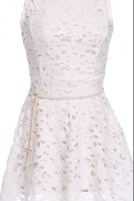 Lace Homecoming Dresses,short Sleeveless Homecoming Dresses,simple Scoop White Homecoming Dress With Belt