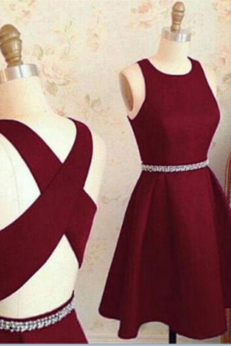 Stylish A-line Jewel Sleeveless Criss Cross Burgundy Short, Homecoming Dress