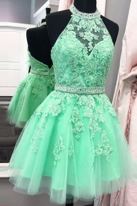 A Lines Mint Homecoming Dresses Zipper-up Sleeveless Beaded Haltered Above Knee Homecoming Dress
