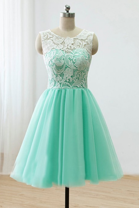 A Line Sage Homecoming Dresses , With Buttons Sleeveless Tulle Scoop Mini ,homecoming Dress