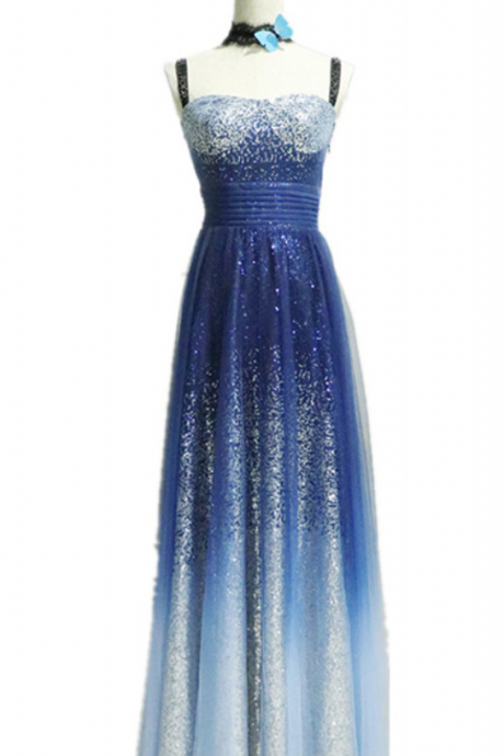 Blue Sequins Straps Gradient Long Prom Dresses,sparkle Formal Dresses, Evening Gowns