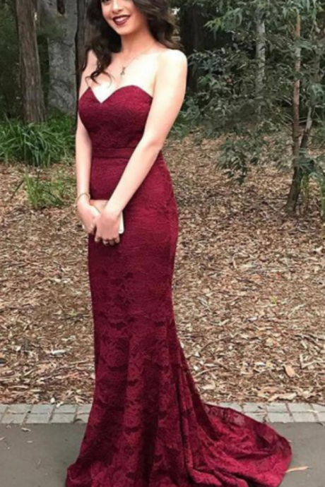 ,stylish Sweetheart Mermaid Sweep Train Burgundy Lace Prom Dress,elegant Prom Dress,prom Gowns,for Prom ,prom Eveing Dress