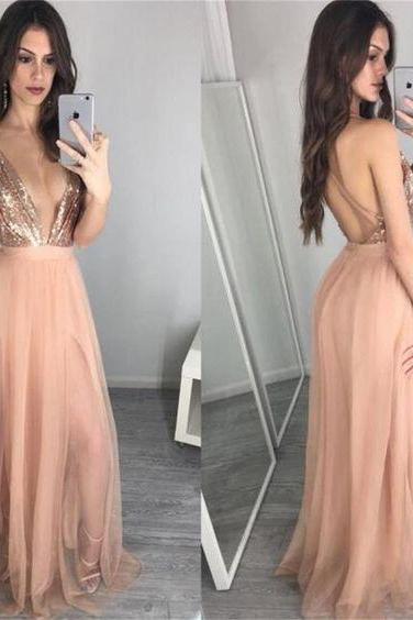 2018 Deep V-neck Sequin Sexy Long Popular Prom Dress Party Dresses