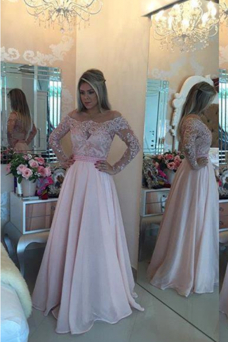 Gorgeous Light Pink Long Sleeves Prom Dresses, Sexy Off The Shoulder See Through Back Zipper Evening Gowns ,