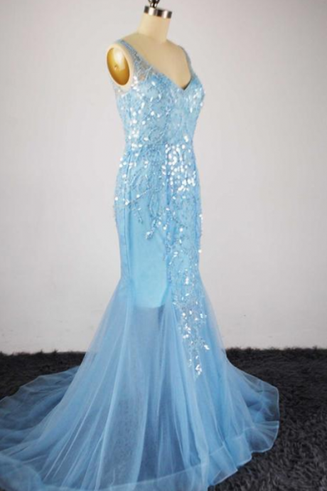 Real Images Sky Light Blue Sheer Crew Beading/sequins Long Transparent Sleeve Mermaid Court Train Evening Gowns
