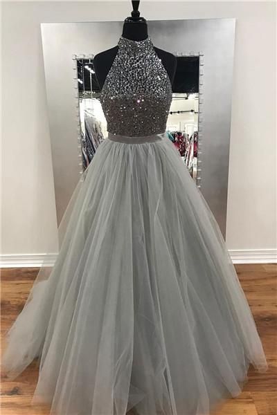 A Line Halter High Neck Grey Tulle With Rhinestone Beaded Prom Dresses