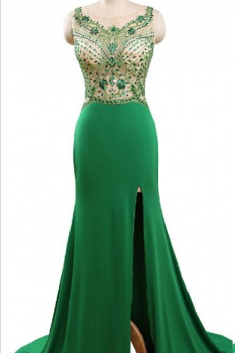Sparkly Evening Dressess Emerald Green Formal Dresses Evening Wear Mermaid Illusion Top Crystals Beading Evening Gowns