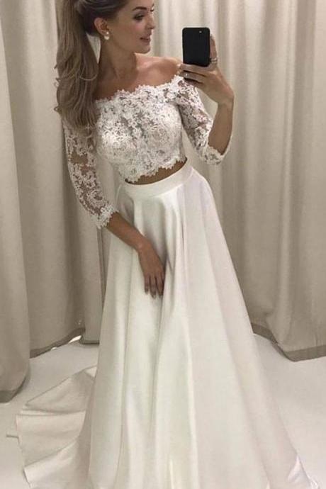 Two Piece Off-the-shoulder 3/4 Sleeves White Prom Dress With Lace