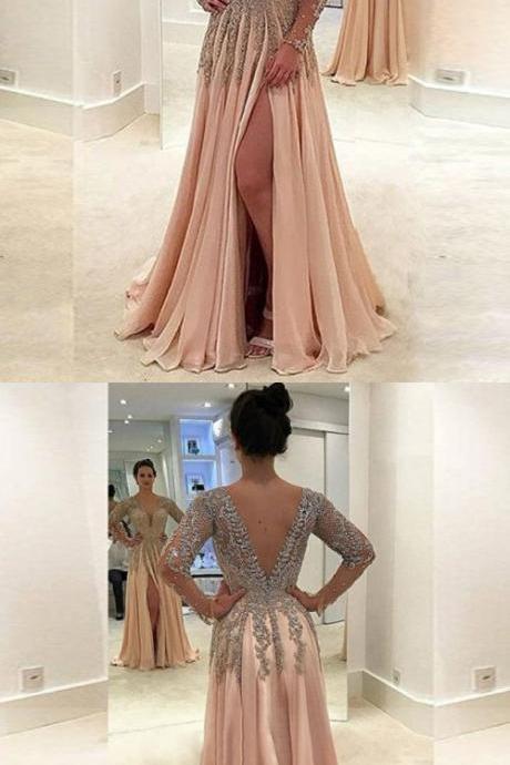 A-line Deep V-neck Floor-length Light Champagne Chiffon Prom Dress With Appliques Beading
