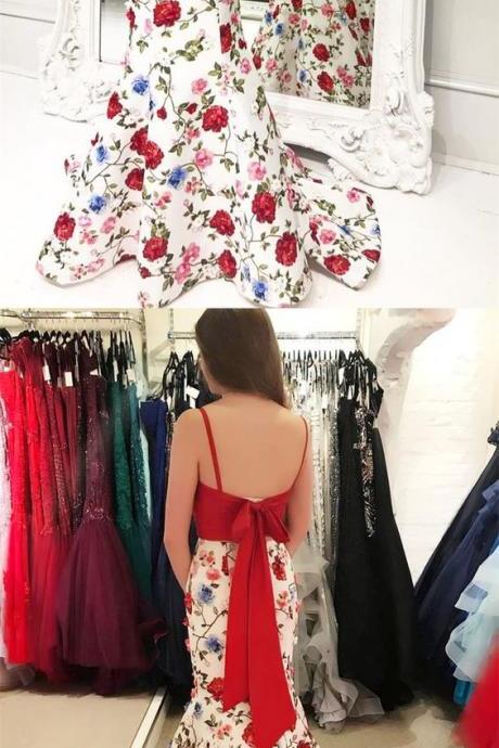 Two Piece Spaghetti Straps Sweep Train Floral Red Satin Prom Dress With Bow