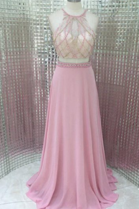 O-neck Pink Two A-line Ball Gowns, Long Ball Gowns, Ball Gowns, Evening Dresses.
