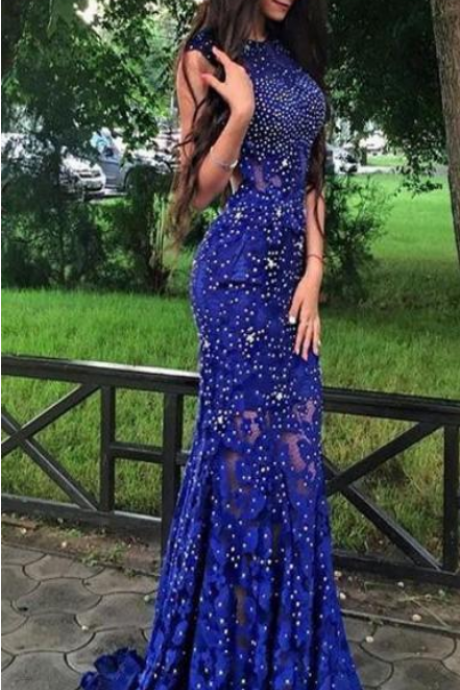 Royal Blue Lace Mermaid Prom Dresses With Cap Sleeve Major Beadingjewel Backless Party Dress Sweep Train Sexy Party Evening Gowns