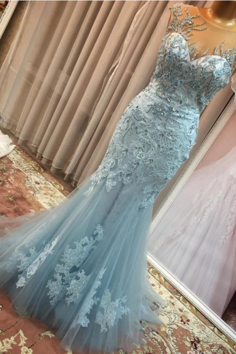 Graceful Sky Blue Mermaid Dresses Party Evening Sheer Neck Vestidos De Fiesta Lace Crystals Illusion Prom Dress