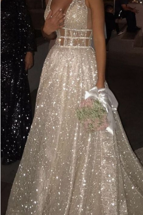 Shiny Bridal Dress With Sequin, Luxury Court Train Evening Dress, White Prom Dress Backless With Sequins