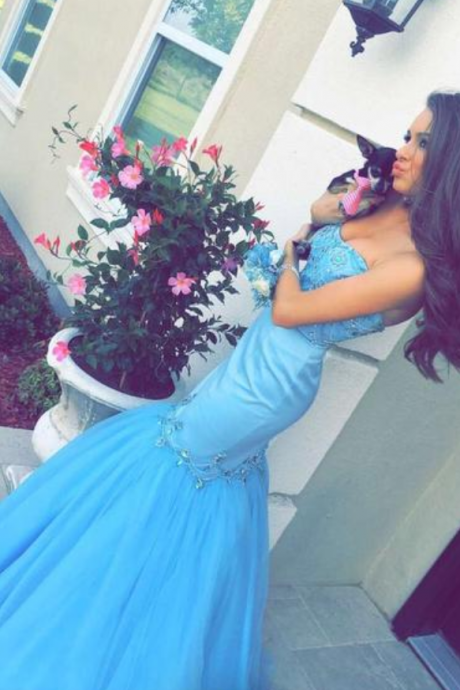 Royal Blue Tulle Prom Dresses, Backless Beaded Mermaid Evening Dress, Formal Gowns