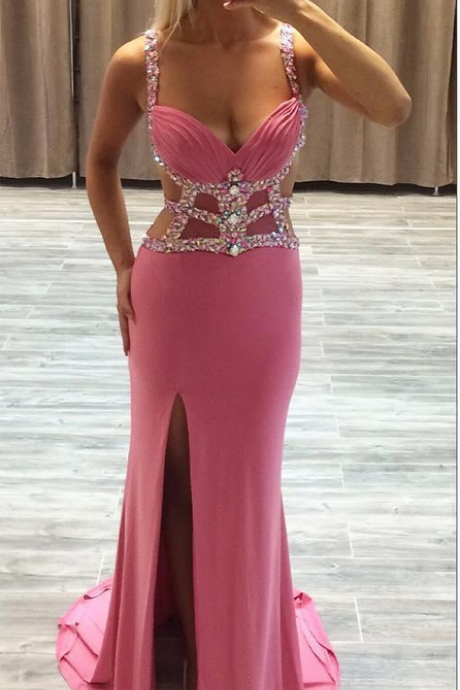Pink With A Sleeveless Sheath Dress, Ball Gown, Crystal Dress.