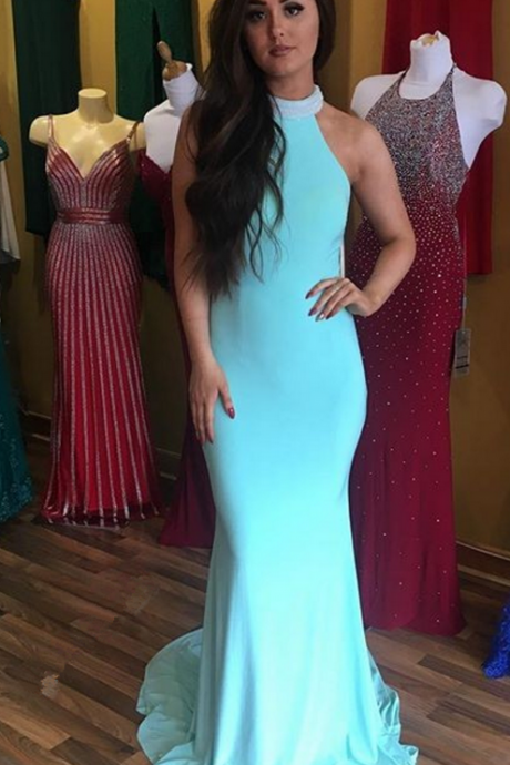 Sexy Open Back Prom Gown,ice Blue Prom Dress,beaded Halter Neckline Formal Dress